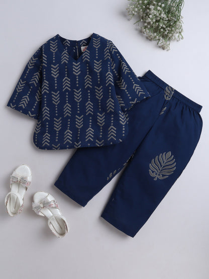 The Magic Wand Cotton All Over Printed 3/4th Sleeves Top & Pant Lounge Wear Set -Navy Blue