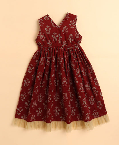 The Magic Wand Cotton Floral Printed Sleeveless Lace Embellished Dress with Detachable Dupatta- Maroon