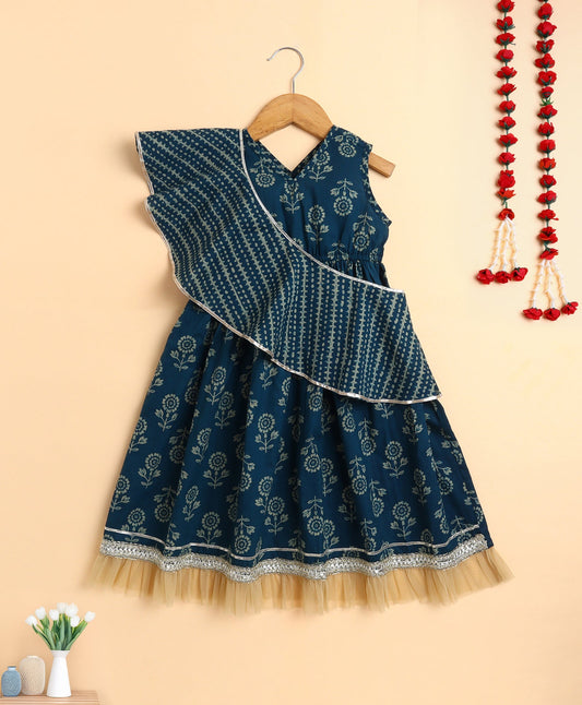 The Magic Wand Cotton Woven Floral Printed Sleeveless Lace Embellished Dress with Detachable Dupatta-Teal Blue