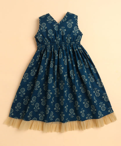 The Magic Wand Cotton Woven Floral Printed Sleeveless Lace Embellished Dress with Detachable Dupatta-Teal Blue