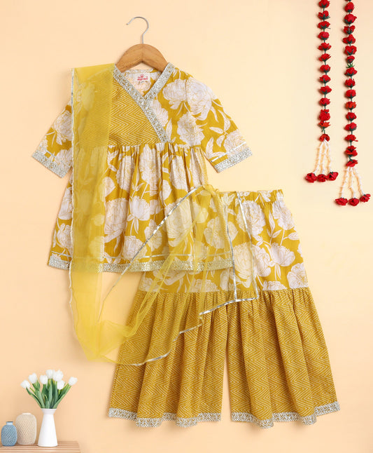 The Magic Wand Cotton Woven Floral Printed Three Fouth Sleeves Lace Embellished Kurta and Sharara With Dupatta Set - Yellow