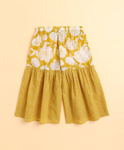 The Magic Wand Cotton Woven Floral Printed Three Fouth Sleeves Lace Embellished Kurta and Sharara With Dupatta Set - Yellow