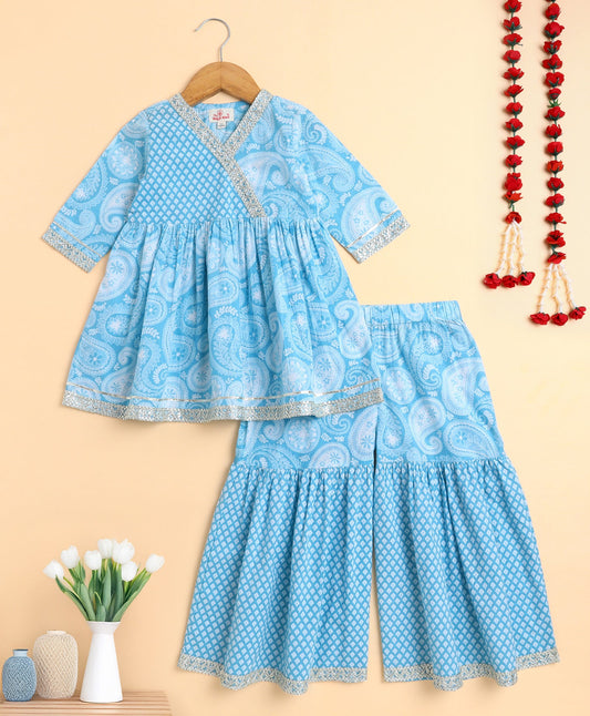 The Magic Wand Cotton Woven Floral Printed Three Fouth Sleeves Lace Embellished Kurta and Sharara Set - Blue
