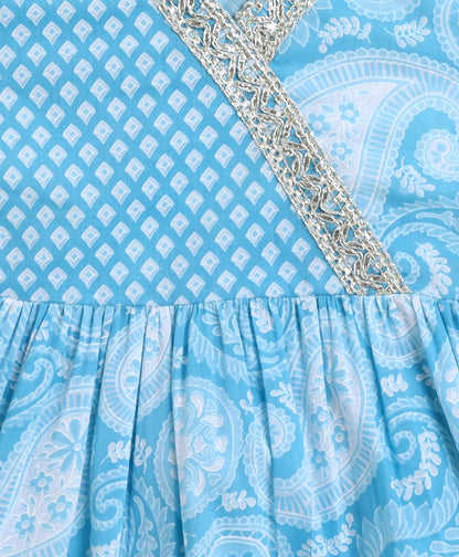 The Magic Wand Cotton Woven Floral Printed Three Fouth Sleeves Lace Embellished Kurta and Sharara Set - Blue