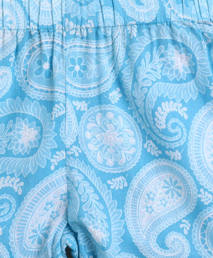 The Magic Wand Cotton Woven Floral Printed Three Fouth Sleeves Lace Embellished Kurta and Sharara Set - Blue