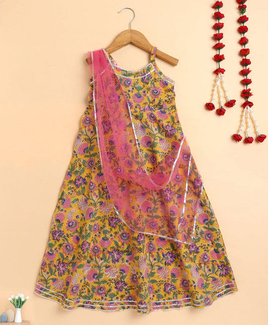 The Magic Wand Cotton woven Cambric Hand Block Printed Spagetti Long Dress with Dupatta- Yellow