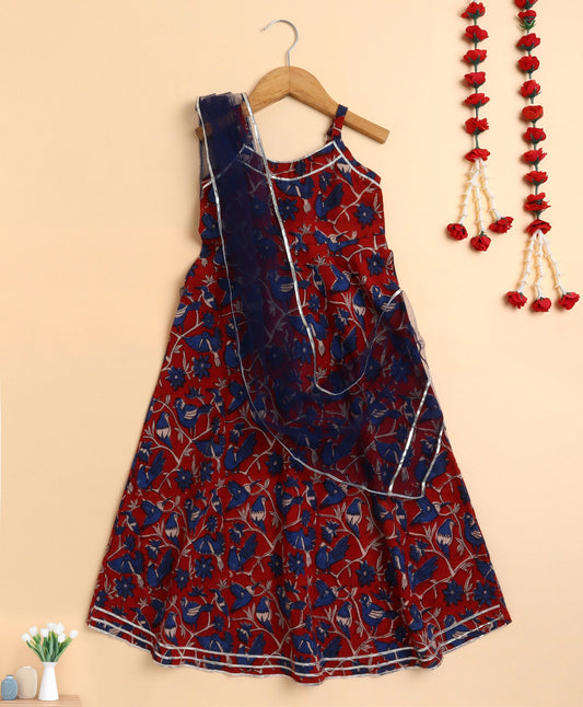 The Magic Wand Cotton woven Cambric Hand Block Printed Spagetti Long Dress with Dupatta- Maroon