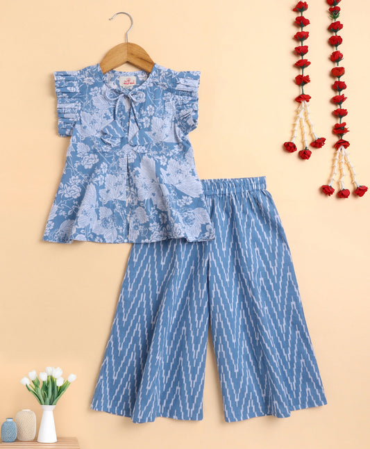 The Magic Wand Cotton woven Cambric Sleeveless Floral Printed Front Slit Top Palazzo Set- Blue