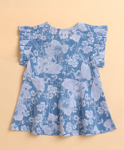 The Magic Wand Cotton woven Cambric Sleeveless Floral Printed Front Slit Top Palazzo Set- Blue