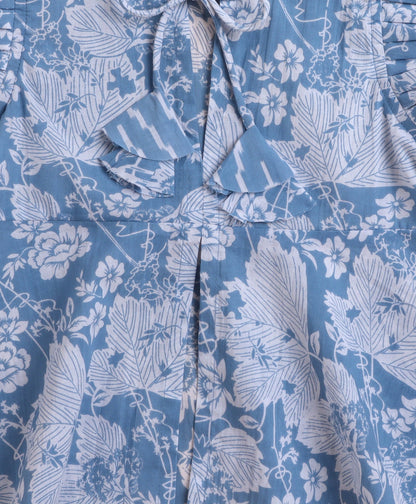 The Magic Wand Cotton woven Cambric Sleeveless Floral Printed Front Slit Top Palazzo Set- Blue