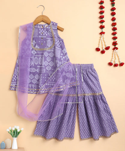 The Magic Wand Cambric Printed Aline Sleeveless Kurta Sharara Dupatta Set - Purple