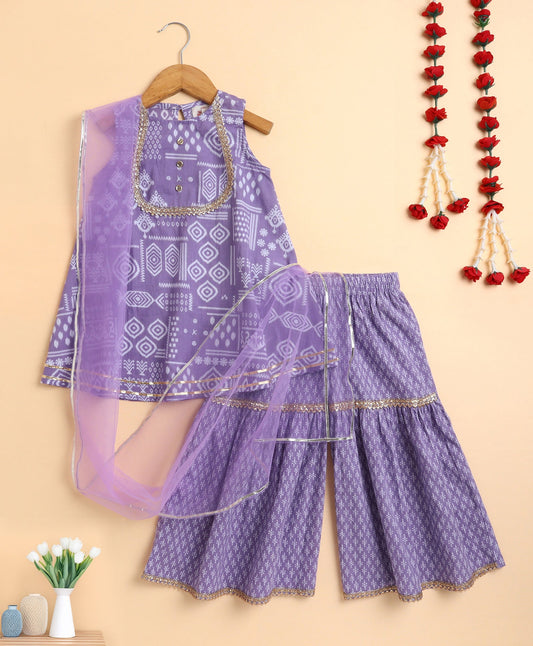 The Magic Wand Cambric Printed Aline Sleeveless Kurta Sharara Dupatta Set - Purple