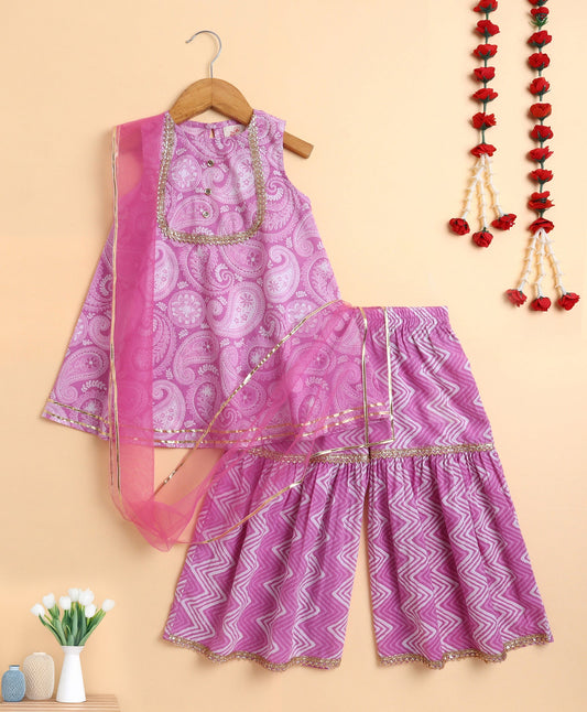 The Magic Wand Cambric Printed Aline Sleeveless Kurta Sharara Dupatta Set - Levender
