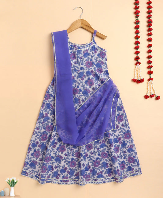 The Magic Wand Cotton woven Cambric Hand Block Printed Spagetti Long Dress with Dupatta- Blue