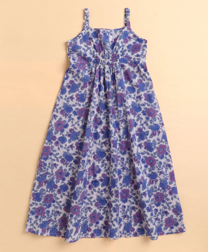 The Magic Wand Cotton woven Cambric Hand Block Printed Spagetti Long Dress with Dupatta- Blue