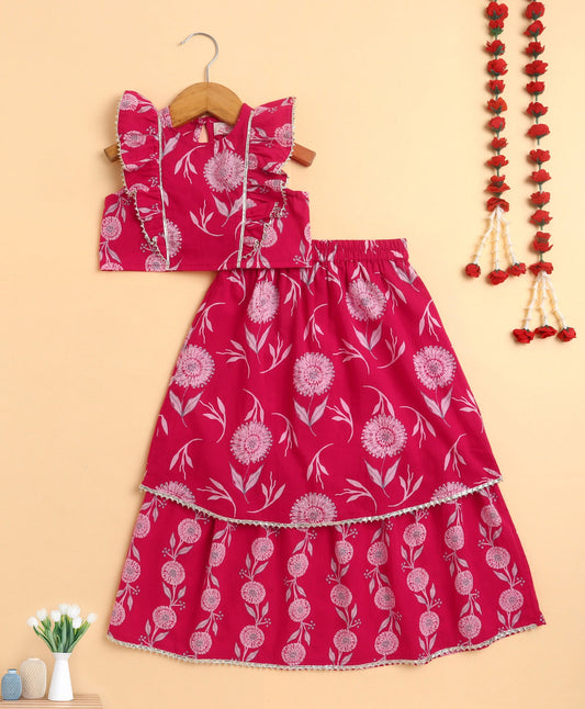 The Magic Wand Cambric Cotton Frill Sleeves Floral Printed Top and Double Layered Long Skirt Set - Fuchsia