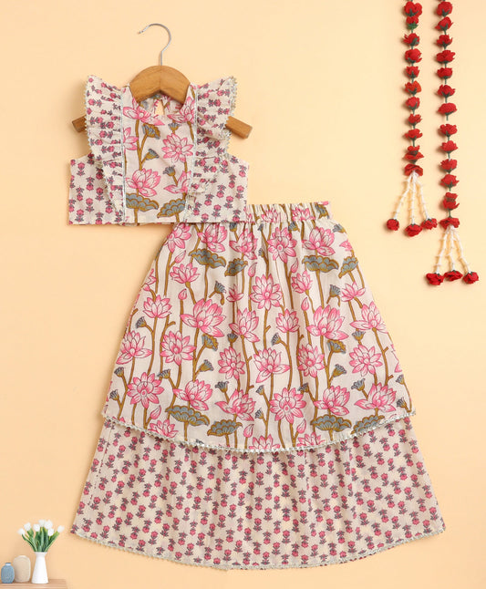 The Magic Wand Cambric Cotton Frill Sleeves Floral Printed Top and Double Layered Long Skirt Set - Off White