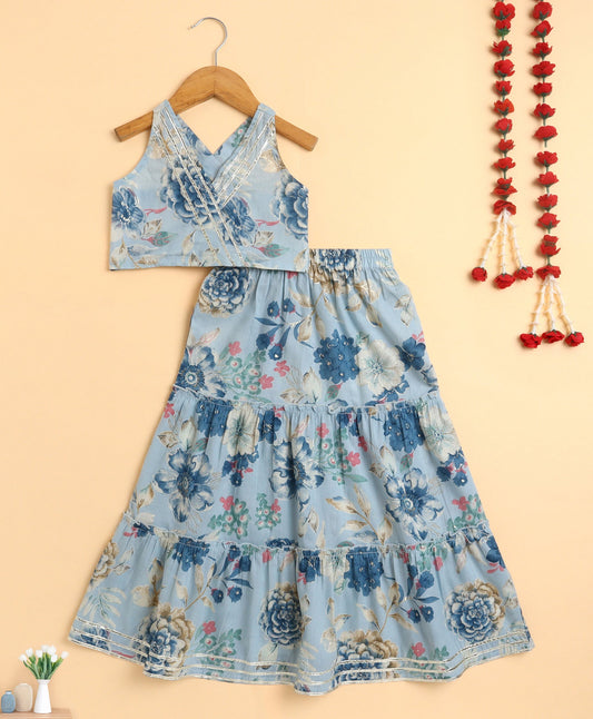 The Magic Wand Cambric Cotton Sleeveless Floral Printed Top and Long Skirt Set - Blue