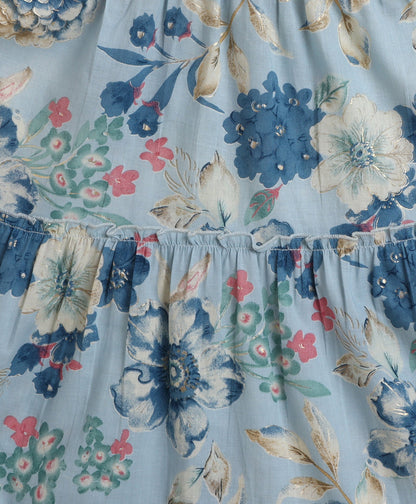 The Magic Wand Cambric Cotton Sleeveless Floral Printed Top and Long Skirt Set - Blue