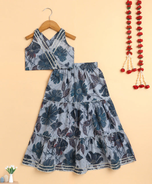 The Magic Wand Cambric Cotton Sleeveless Floral Printed Top and Long Skirt Set - Grey