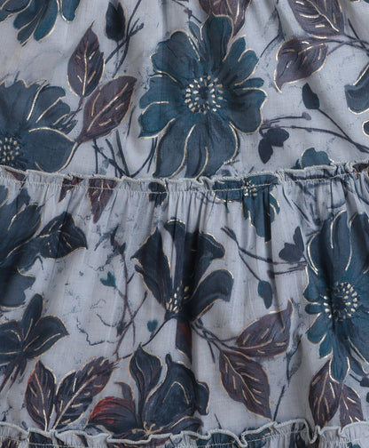 The Magic Wand Cambric Cotton Sleeveless Floral Printed Top and Long Skirt Set - Grey