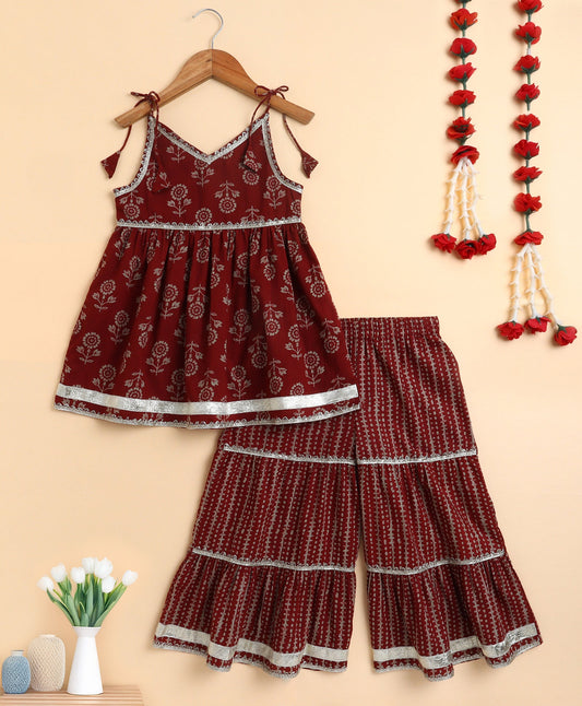 The Magic Wand Cambric Cotton Shoulder Tie Ups Floral Printed Kurta Sharara Set- Maroon