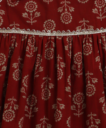 The Magic Wand Cambric Cotton Shoulder Tie Ups Floral Printed Kurta Sharara Set- Maroon