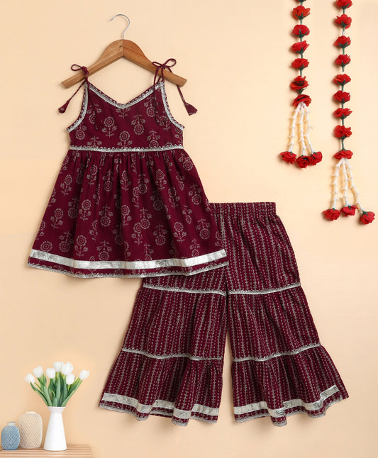The Magic Wand Cambric Cotton Shoulder Tie Ups Floral Printed Kurta Sharara Set- Violet