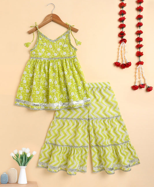 The Magic Wand Cambric Cotton Shoulder Tie Ups Floral Printed Kurta Sharara Set- Green