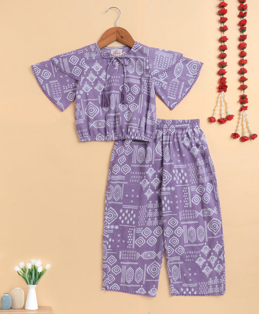 The Magic Wand Cambric Cotton Flutter Sleeves Printed Top and Bottom Co-ord Set - Purple