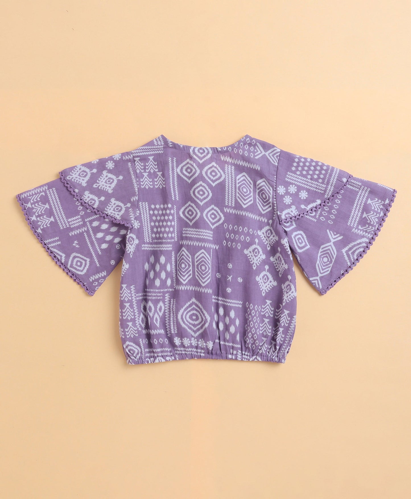 The Magic Wand Cambric Cotton Flutter Sleeves Printed Top and Bottom Co-ord Set - Purple