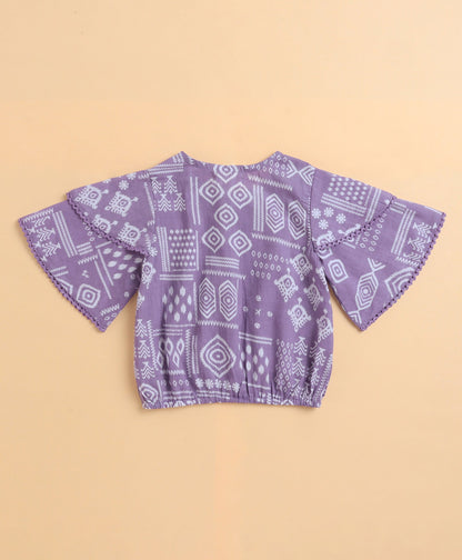 The Magic Wand Cambric Cotton Flutter Sleeves Printed Top and Bottom Co-ord Set - Purple