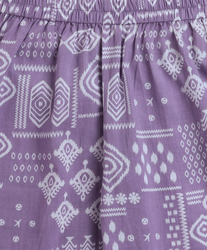 The Magic Wand Cambric Cotton Flutter Sleeves Printed Top and Bottom Co-ord Set - Purple