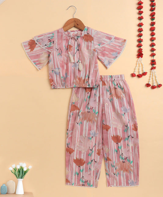The Magic Wand Cambric Cotton Flutter Sleeves Printed Top and Bottom Co-ord Set - Pink