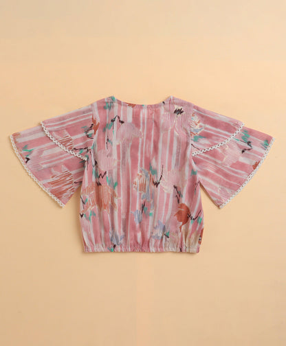 The Magic Wand Cambric Cotton Flutter Sleeves Printed Top and Bottom Co-ord Set - Pink
