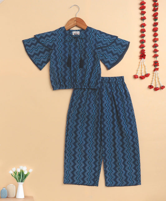 The Magic Wand Cambric Cotton Flutter Sleeves Zig Zag Printed Top and Bottom Co-ord Set - Blue