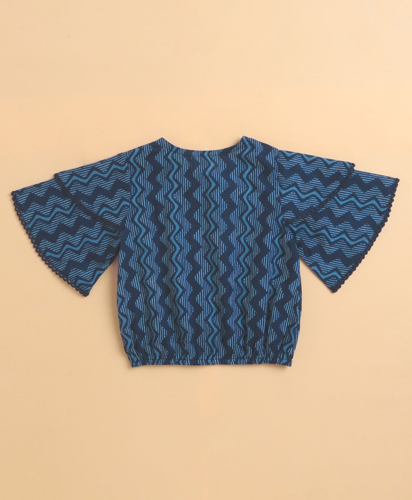 The Magic Wand Cambric Cotton Flutter Sleeves Zig Zag Printed Top and Bottom Co-ord Set - Blue