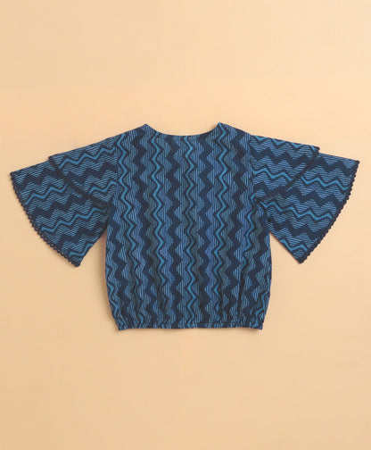 The Magic Wand Cambric Cotton Flutter Sleeves Zig Zag Printed Top and Bottom Co-ord Set - Blue