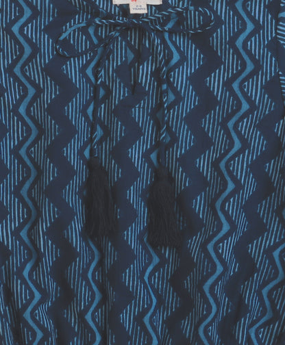 The Magic Wand Cambric Cotton Flutter Sleeves Zig Zag Printed Top and Bottom Co-ord Set - Blue
