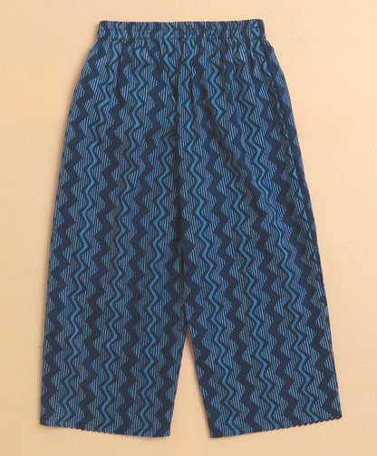 The Magic Wand Cambric Cotton Flutter Sleeves Zig Zag Printed Top and Bottom Co-ord Set - Blue