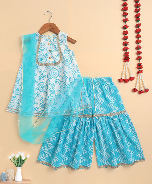 The Magic Wand Cambrbic Cotton Sleeveless All over Printed Kurta Sharara Set with Dupatta- Blue