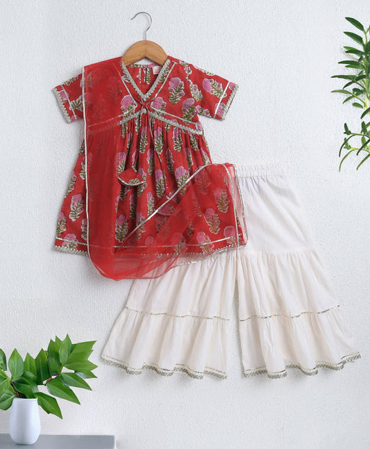 The Magic Wand Cambric Cotton Half Sleeves Hand Block Printed Gota Lace Kurta and Sharara with Dupatta Set - Red