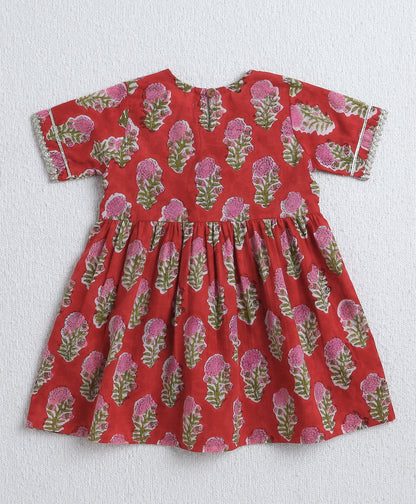 The Magic Wand Cambric Cotton Half Sleeves Hand Block Printed Gota Lace Kurta and Sharara with Dupatta Set - Red