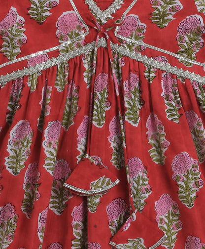The Magic Wand Cambric Cotton Half Sleeves Hand Block Printed Gota Lace Kurta and Sharara with Dupatta Set - Red