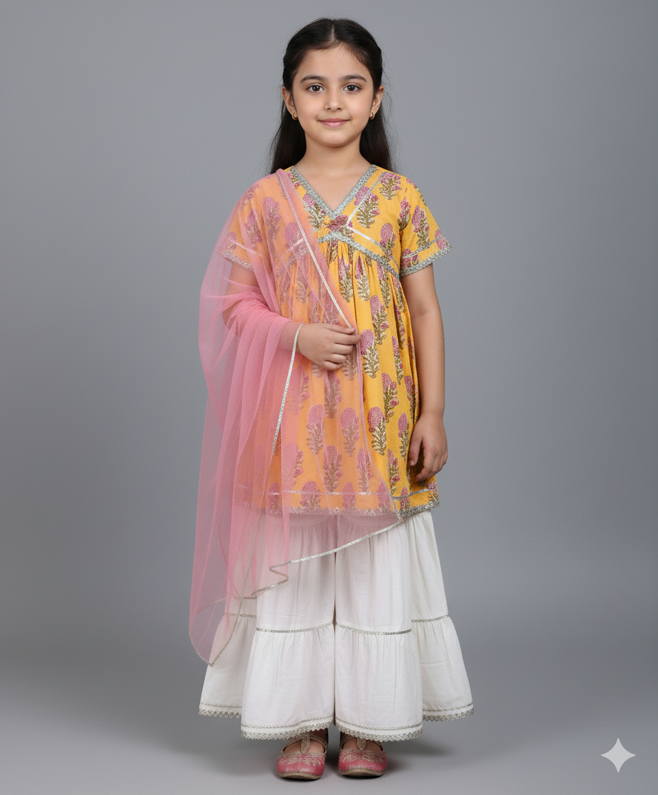Cambric Cotton Half Sleeves Hand Block Printed Gota Lace Kurta and Sharara with Dupatta Set - Yellow