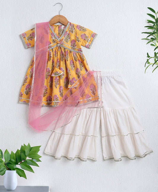 The Magic Wand Cambric Cotton Half Sleeves Hand Block Printed Gota Lace Kurta and Sharara with Dupatta Set - Yellow