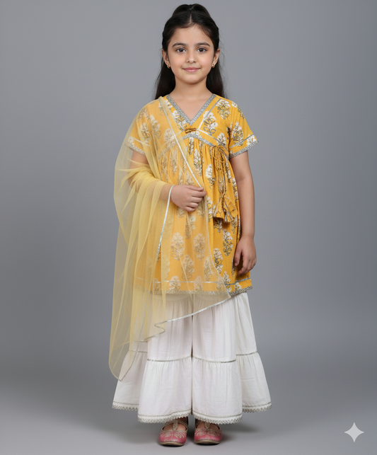 Cambric Cotton Half Sleeves Hand Block Printed Gota Lace Kurta and Sharara with Dupatta Set -  Mustard