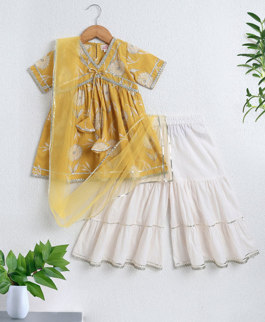 The Magic Wand Cambric Cotton Half Sleeves Hand Block Printed Gota Lace Kurta and Sharara with Dupatta Set -  Mustard