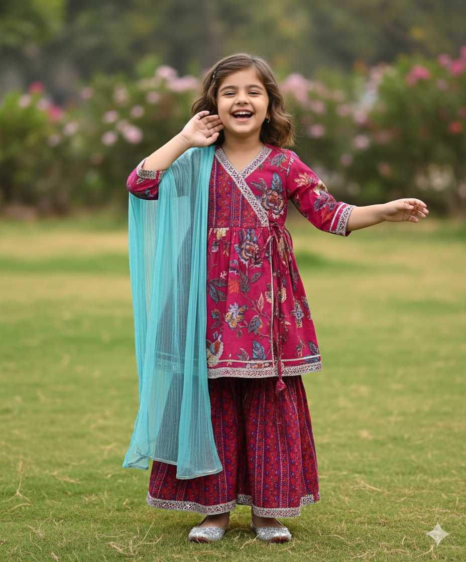 Cotton Woven Three Fourth Sleeves Floral Printed Kurta & Sharara Set- Fuchsia