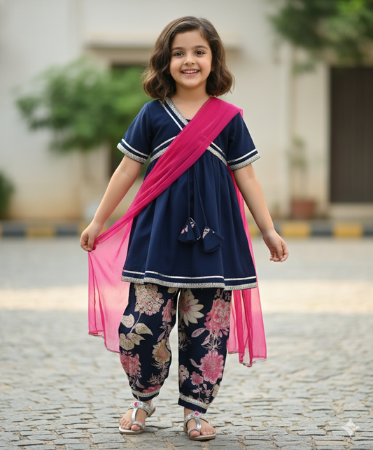 Cotton Woven  Half Sleeves Solid Kurta & Floral Printed Ballon Pant with Dupatta- Navy Blue